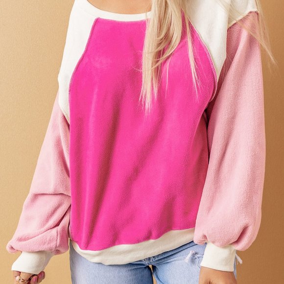 Rose Colorblock Long Sleeve Pullover Fleece Sweatshirt - Picture 10 of 16